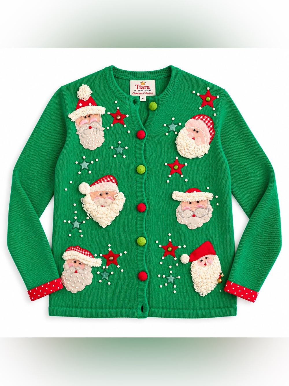 Tiara International Christmas Collection Green Santa Sweater Cardigan S